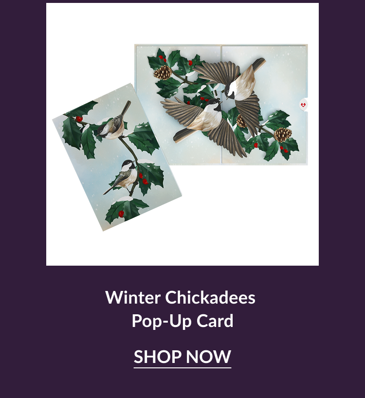 Winter Chickadees pop-up card with holly branches and birds