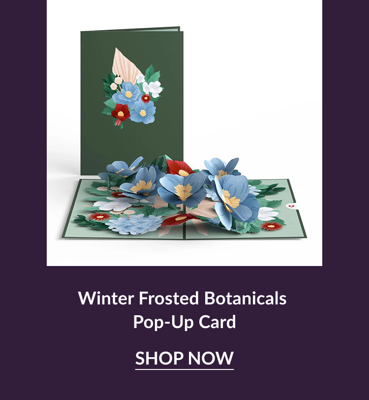 Winter Frosted Botanicals pop-up card with blue and red flowers