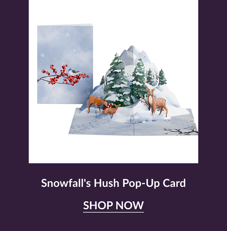 Snowfall’s Hush pop-up card with deer and snowy trees