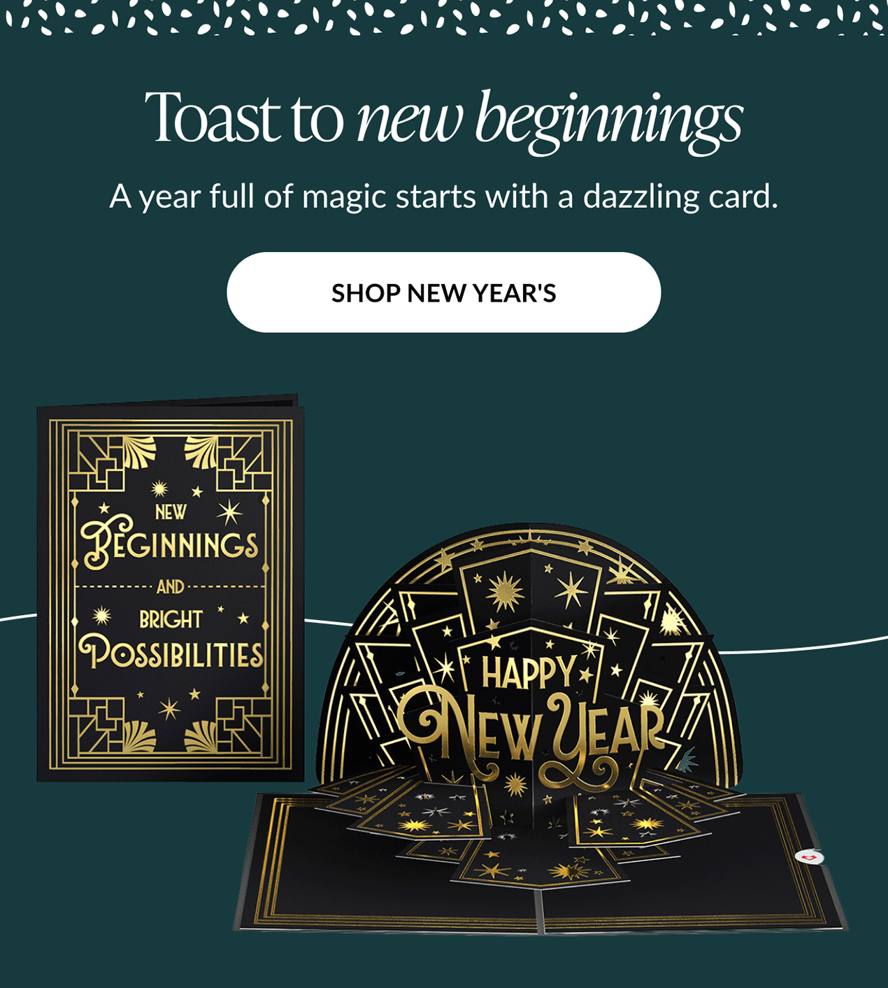 New Year’s pop-up card with gold lettering and fireworks design