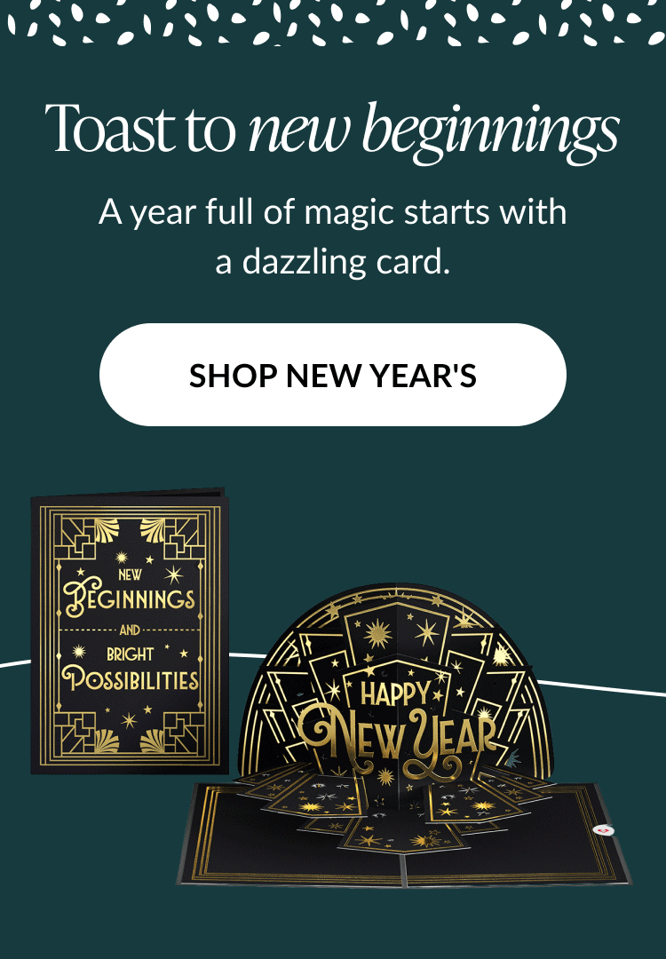 New Year’s pop-up card with gold lettering and fireworks design