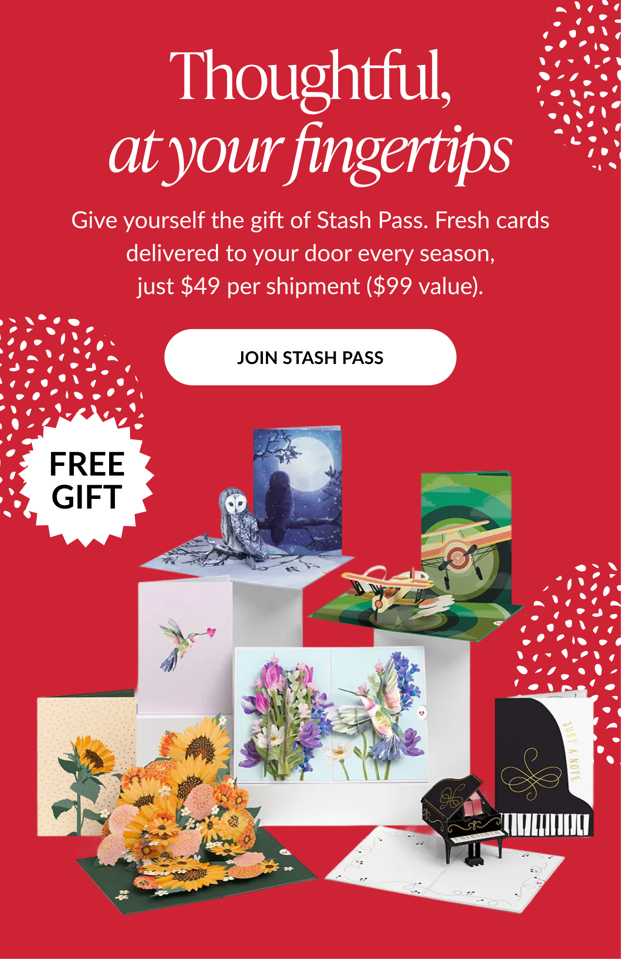 Stash Pass promo with seasonal pop-up cards and Free Gift badge