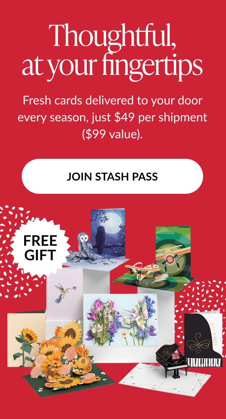 Stash Pass promo with seasonal pop-up cards and Free Gift badge