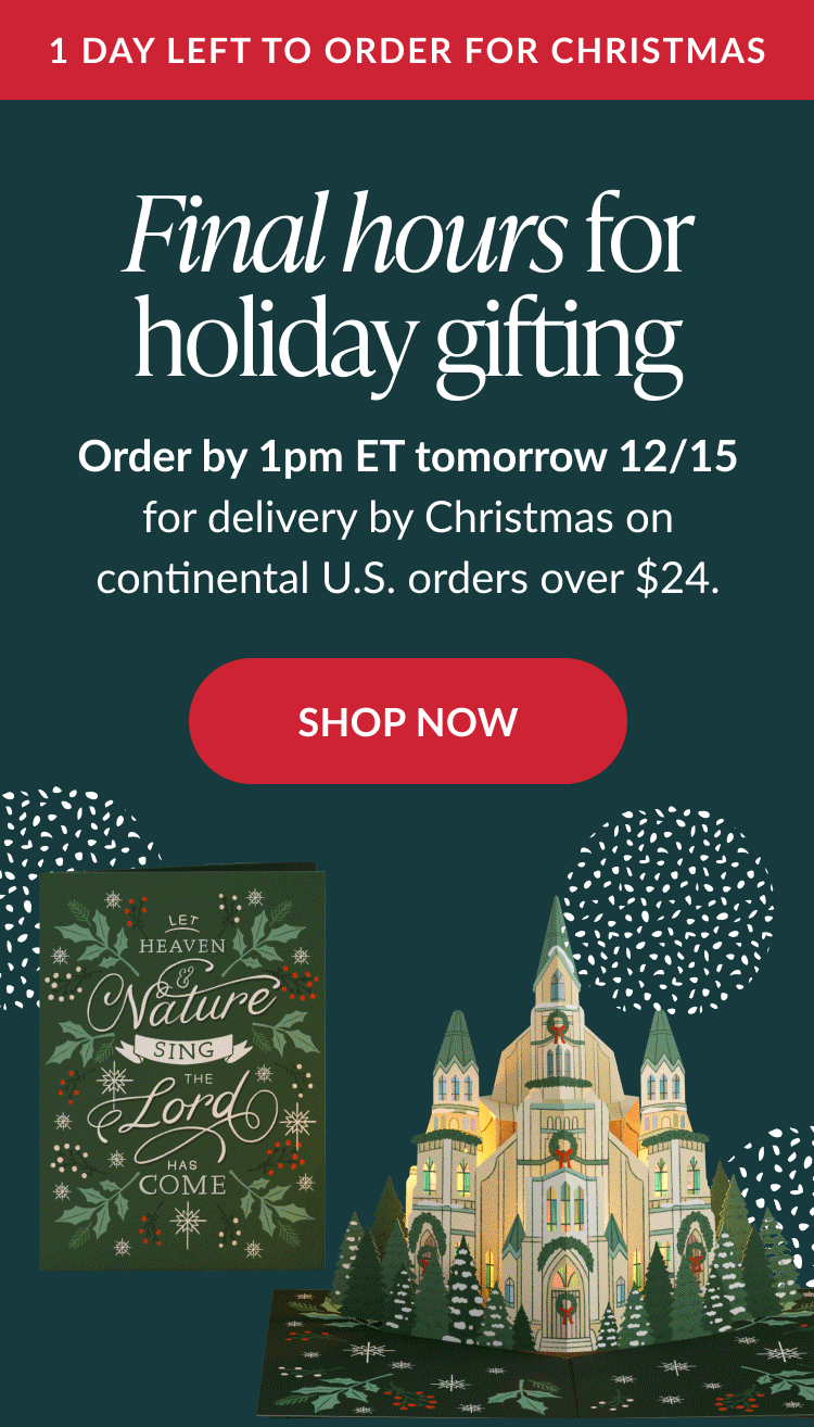 Final hours for holiday gifting banner with Let Heaven and Nature Sing Christmas card and illuminated cathedral pop up card