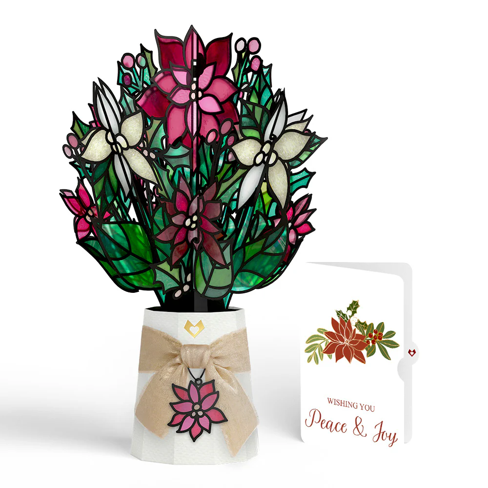 Poinsettia Shimmer Christmas Suncatcher Bouquet and Peace & Joy Sentiment Set