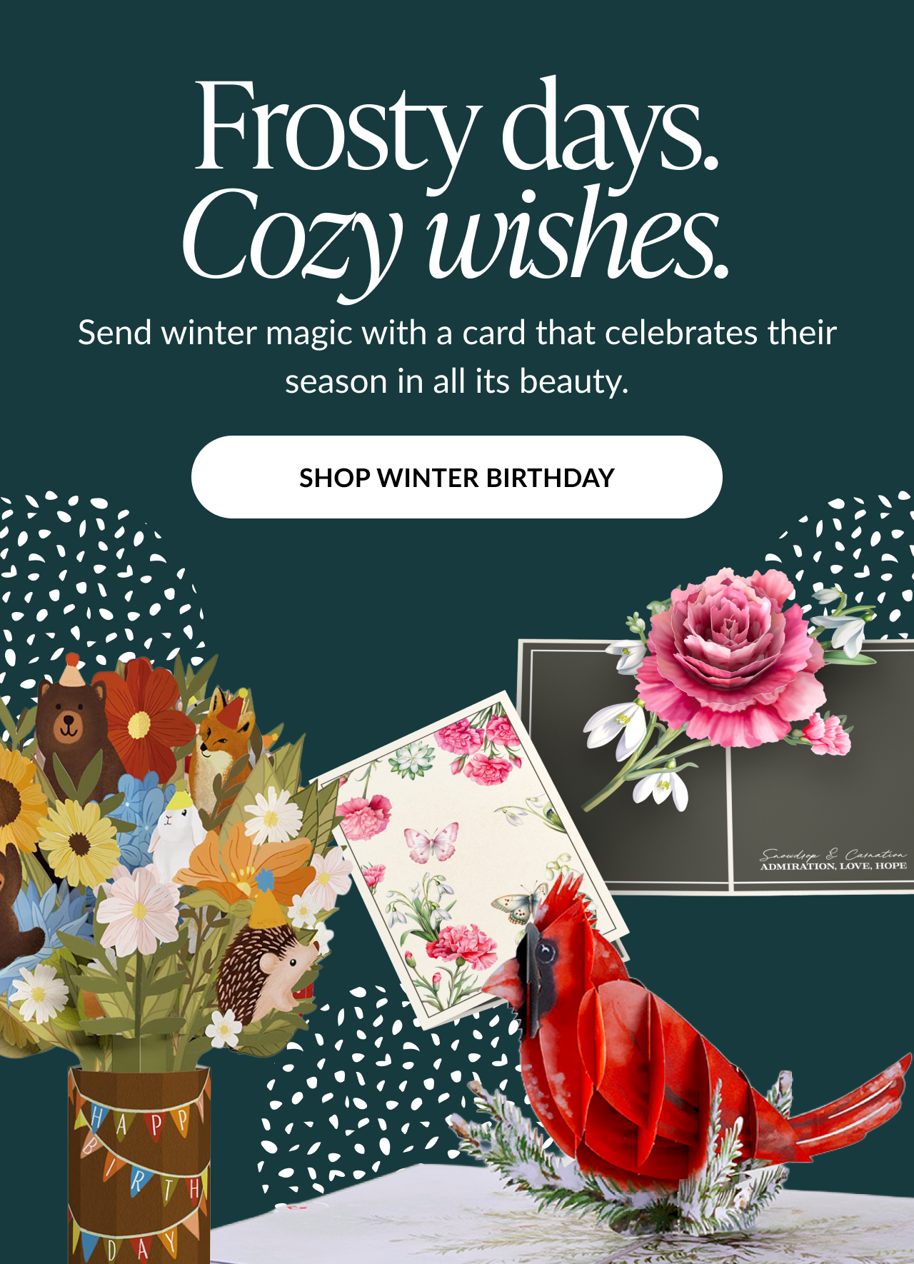 Frosty days Cozy wishes winter birthday banner with pop-up cards, floral designs, and cardinal illustration