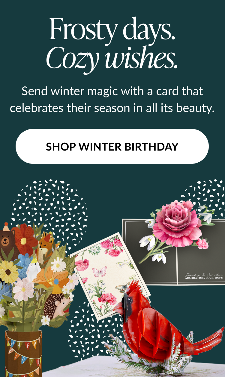 Frosty days Cozy wishes winter birthday banner with pop-up cards, floral designs, and cardinal illustration