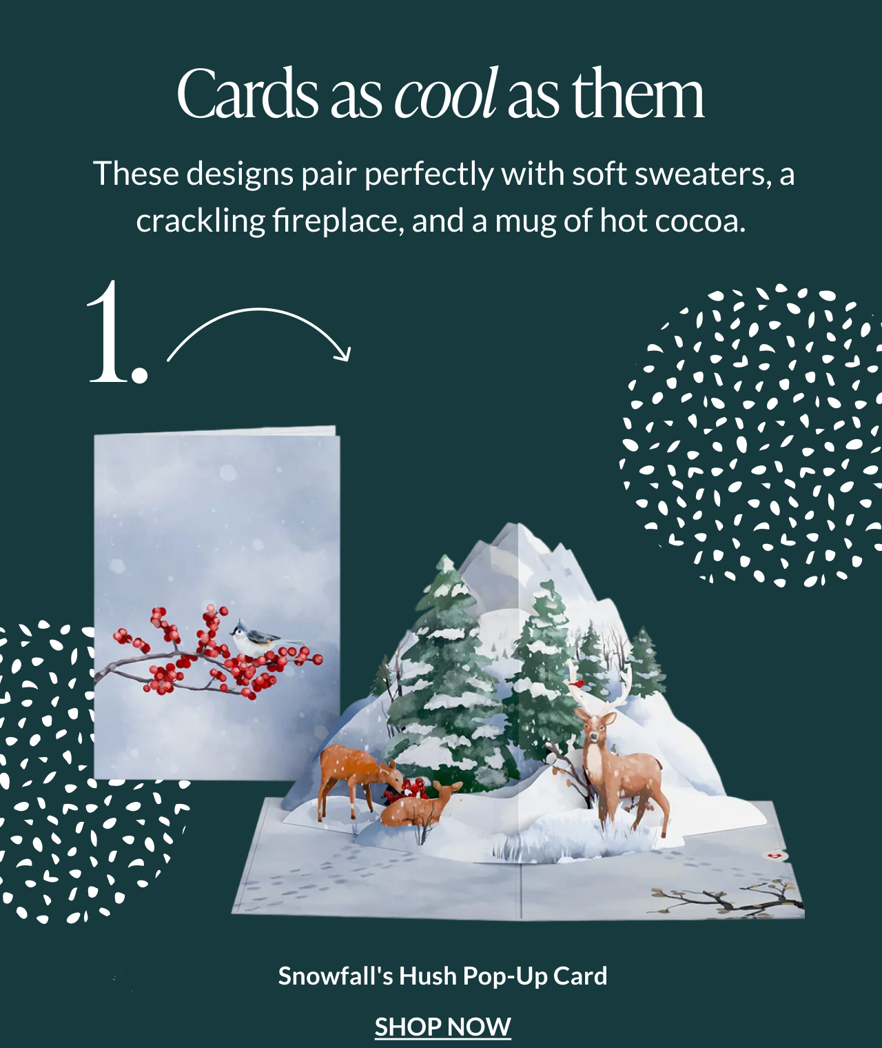 Snowfall’s Hush pop-up card featuring deer in a snowy forest scene