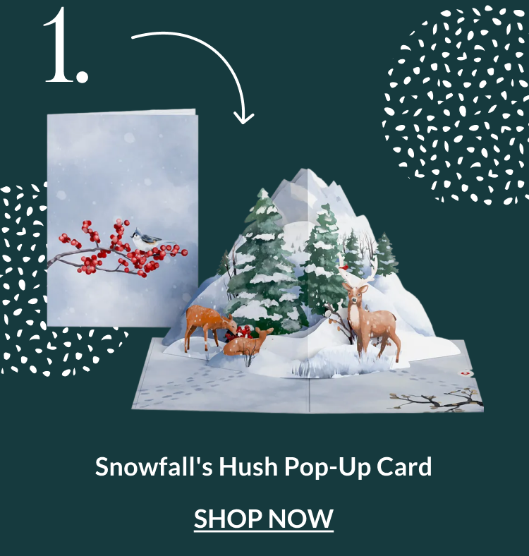 Snowfall’s Hush pop-up card featuring deer in a snowy forest scene