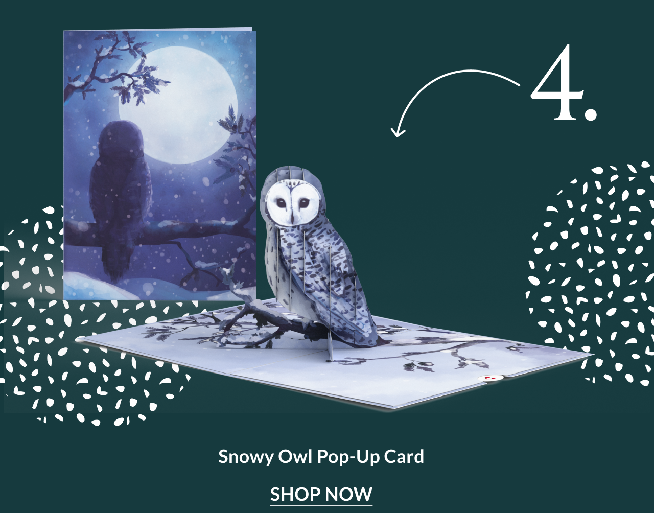 Snowy Owl pop-up card showing an owl under a full moon in a winter landscape