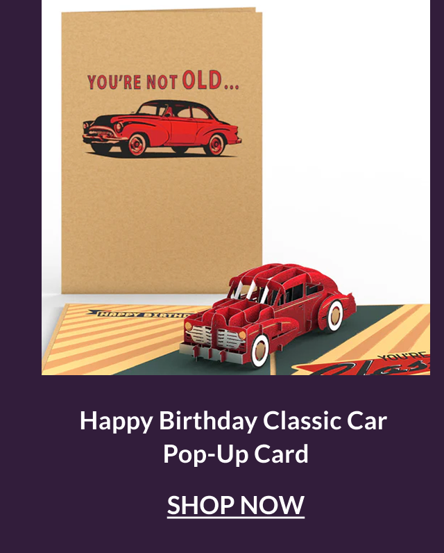 Happy Birthday Classic Car pop-up card with a red vintage car and retro birthday styling