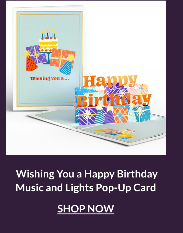 Wishing You a Happy Birthday music and lights pop-up card with colorful presents and birthday message
