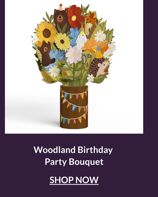 Woodland Birthday Party Bouquet pop-up card with flowers and woodland animals arranged in a birthday vase