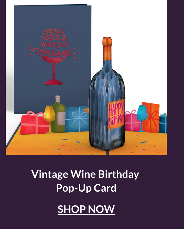 Vintage Wine Birthday pop-up card featuring a wine bottle centerpiece with festive gifts and glasses