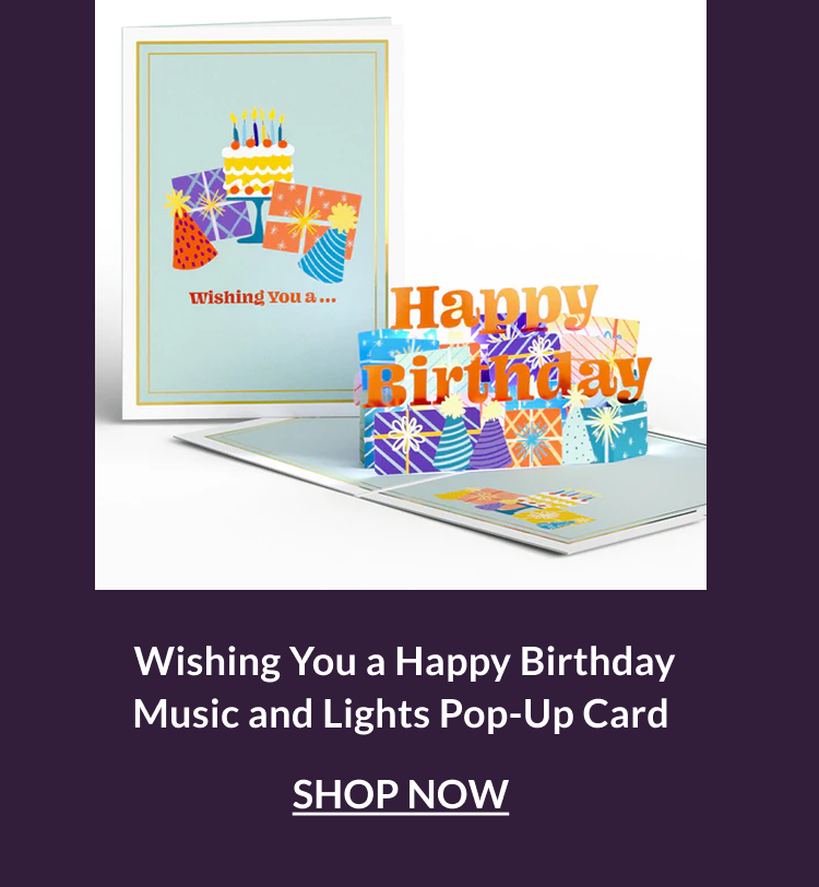 Wishing You a Happy Birthday music and lights pop-up card with colorful presents and birthday message