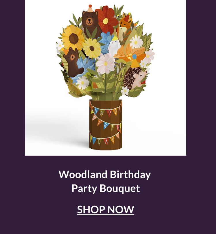 Woodland Birthday Party Bouquet pop-up card with flowers and woodland animals arranged in a birthday vase