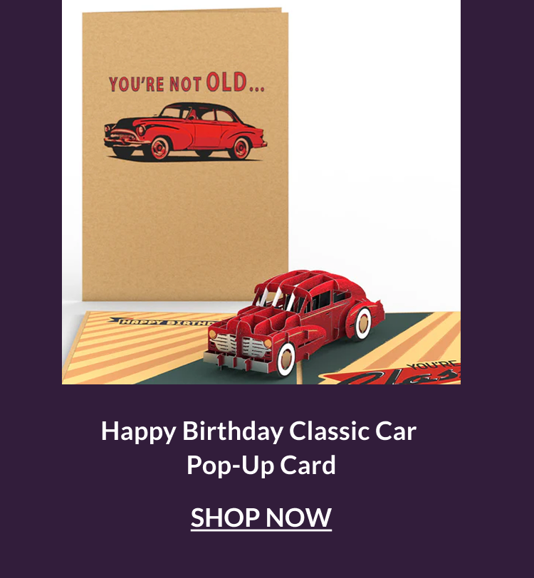 Happy Birthday Classic Car pop-up card with a red vintage car and retro birthday styling