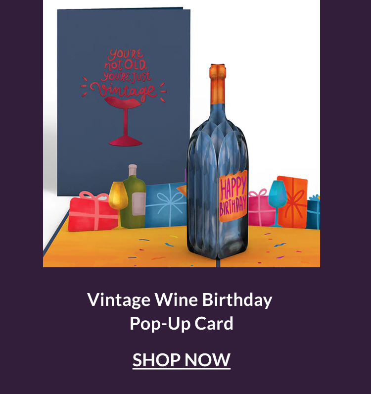 Vintage Wine Birthday pop-up card featuring a wine bottle centerpiece with festive gifts and glasses