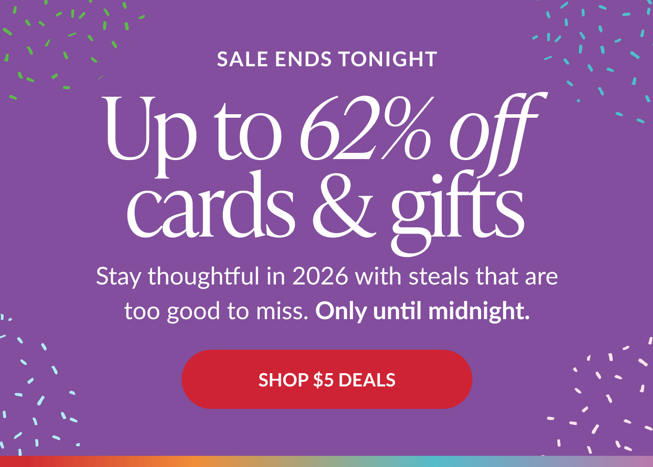 Purple banner announcing up to 62% off cards and gifts with Sale Ends Tonight message and Shop $5 Deals button