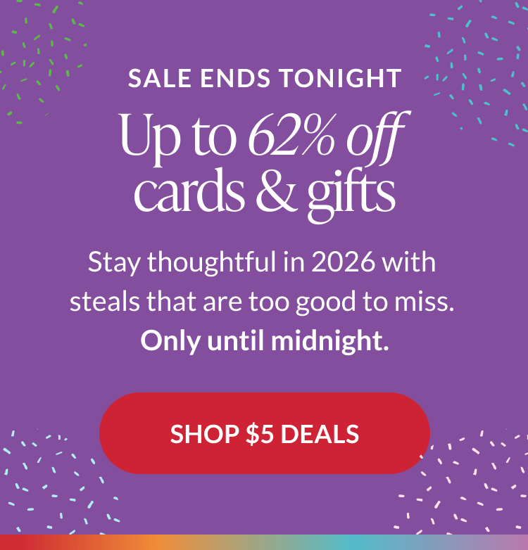 Purple banner announcing up to 62% off cards and gifts with Sale Ends Tonight message and Shop $5 Deals button