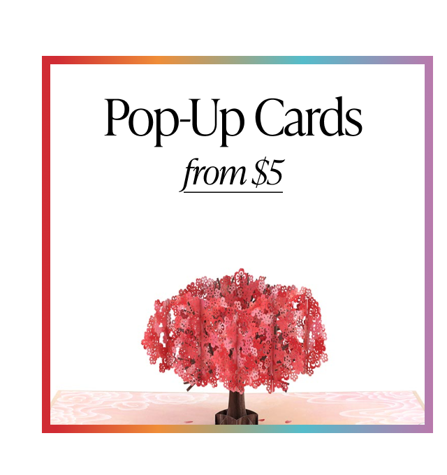 Pop-Up Cards from $5 graphic featuring a red paper tree pop-up card