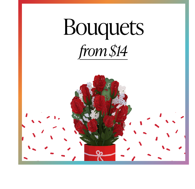 Bouquets from $14 graphic with red rose paper bouquet in a gift pot