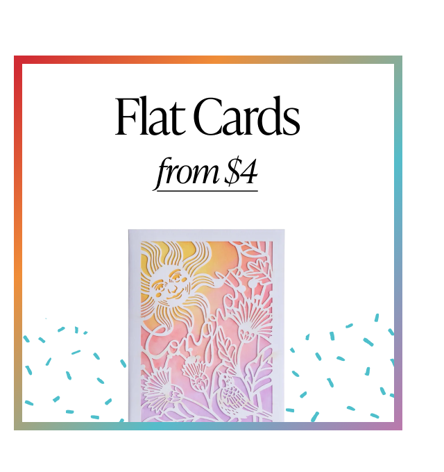 Flat Cards from $4 graphic showing a colorful floral cut-paper design