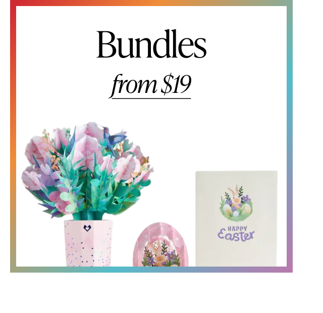 Bundles from $19 graphic showing a floral bouquet and Easter-themed card set