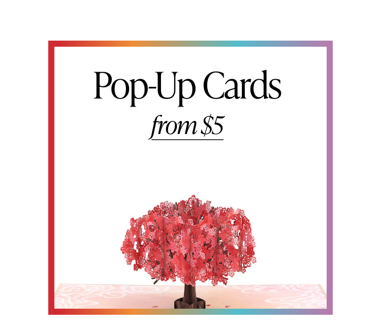 Pop-Up Cards from $5 graphic featuring a red paper tree pop-up card