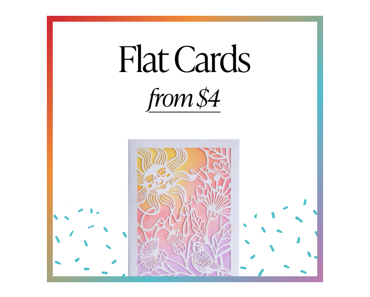Flat Cards from $4 graphic showing a colorful floral cut-paper design