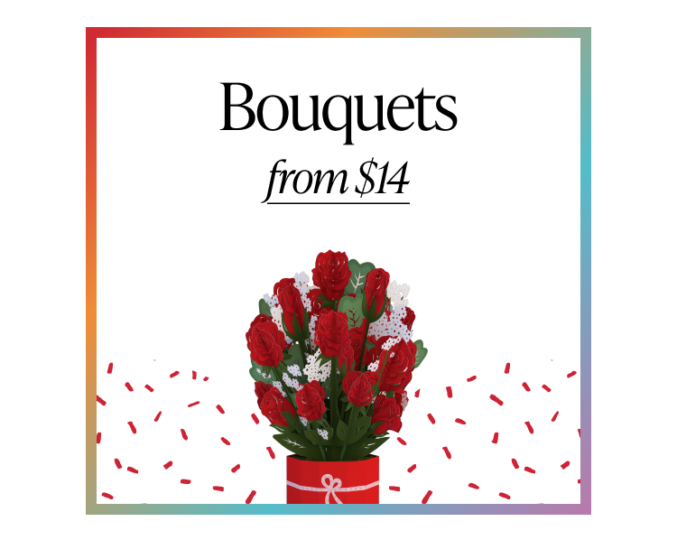 Bouquets from $14 graphic with red rose paper bouquet in a gift pot