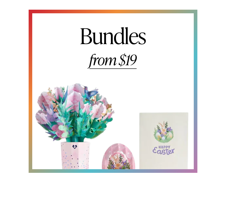 Bundles from $19 graphic showing a floral bouquet and Easter-themed card set