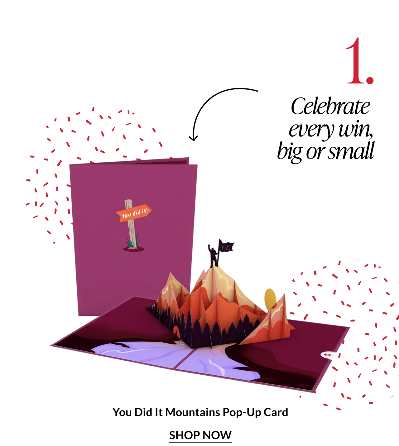 You Did It Mountains pop-up card featuring layered mountain peaks and a celebratory flag