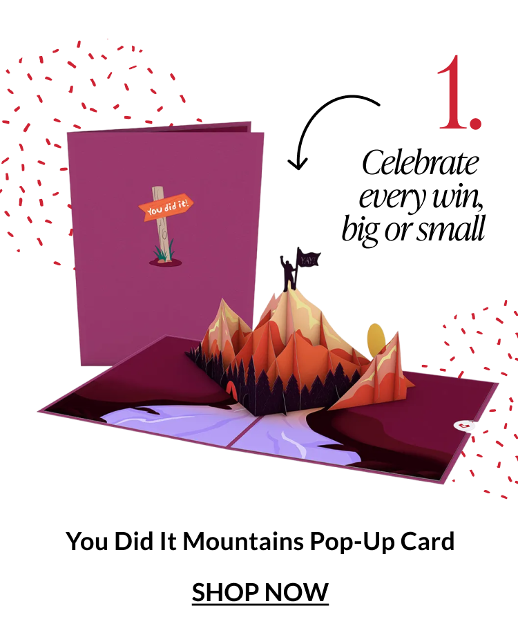 You Did It Mountains pop-up card featuring layered mountain peaks and a celebratory flag