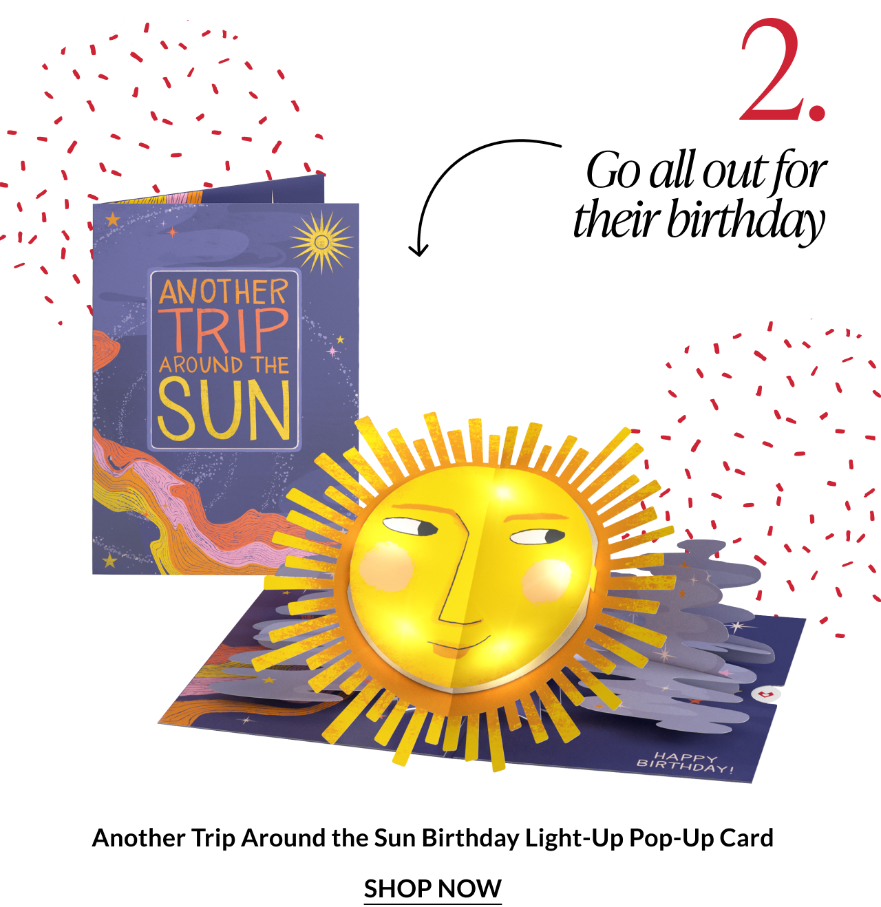 Another Trip Around the Sun birthday light-up pop-up card with a glowing sun design