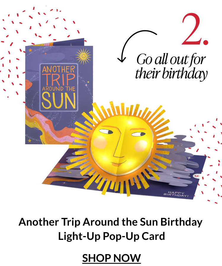 Another Trip Around the Sun birthday light-up pop-up card with a glowing sun design
