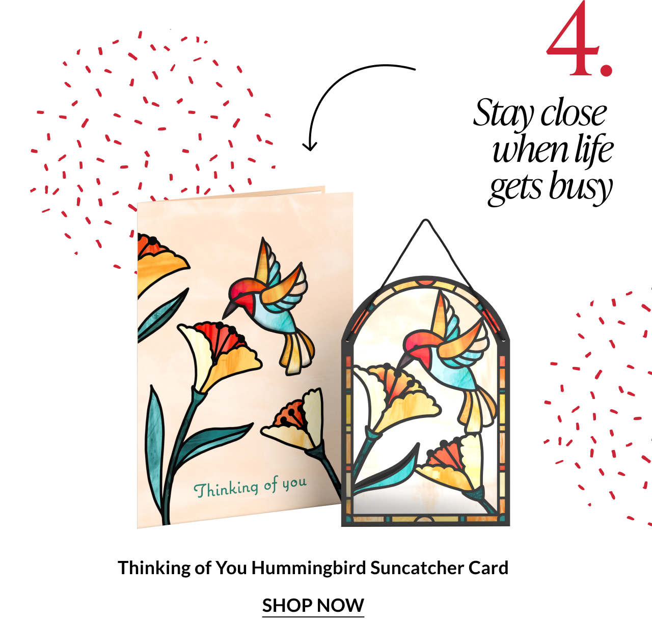 Thinking of You hummingbird suncatcher card with stained-glass-style flowers and bird