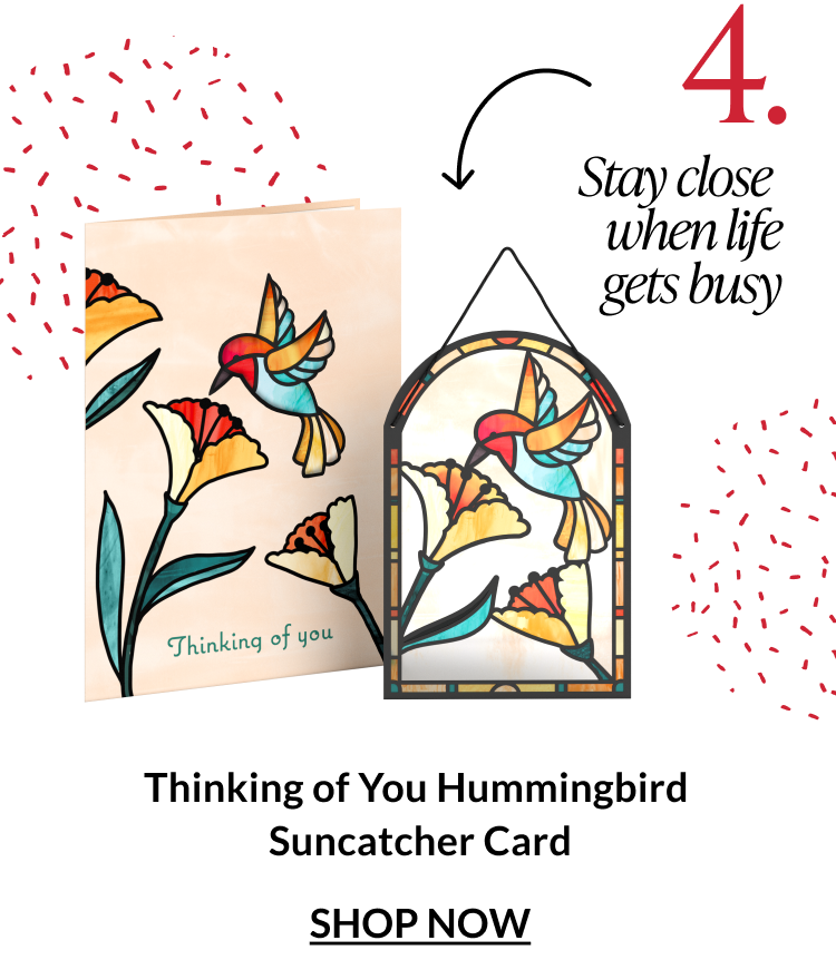 Thinking of You hummingbird suncatcher card with stained-glass-style flowers and bird