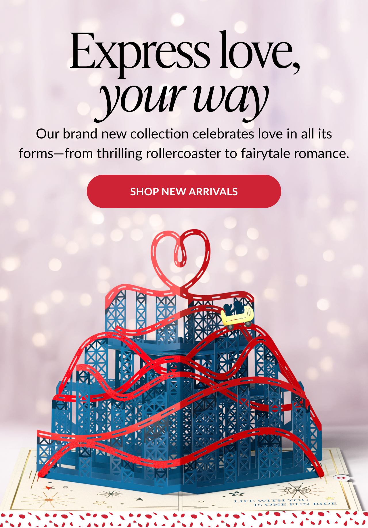 Promotional banner reading “Express love, your way” featuring a rollercoaster pop-up card shaped like a heart