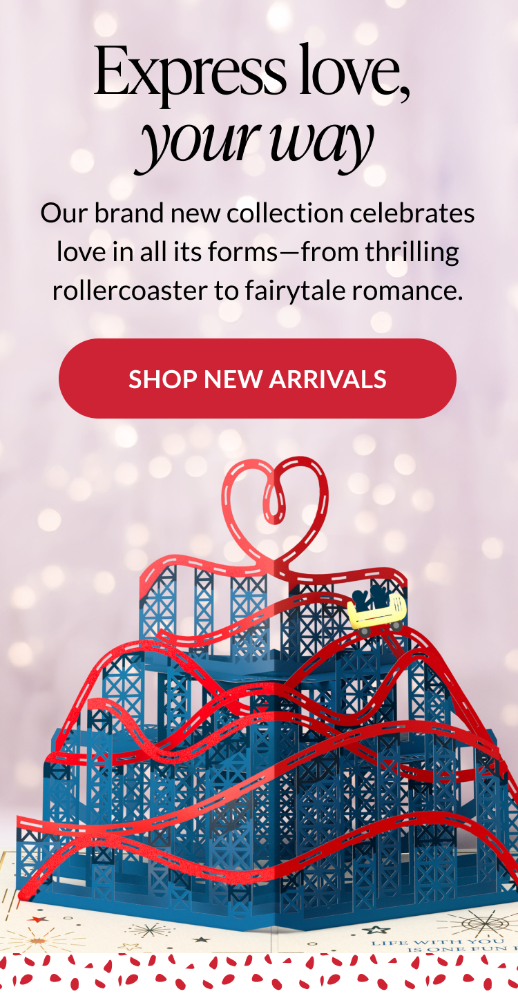 Promotional banner reading “Express love, your way” featuring a rollercoaster pop-up card shaped like a heart