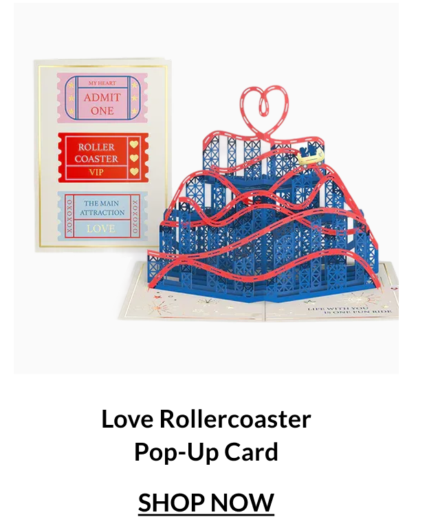 Love Rollercoaster pop-up card featuring a blue coaster track forming a heart
