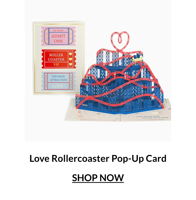 Love Rollercoaster pop-up card featuring a blue coaster track forming a heart