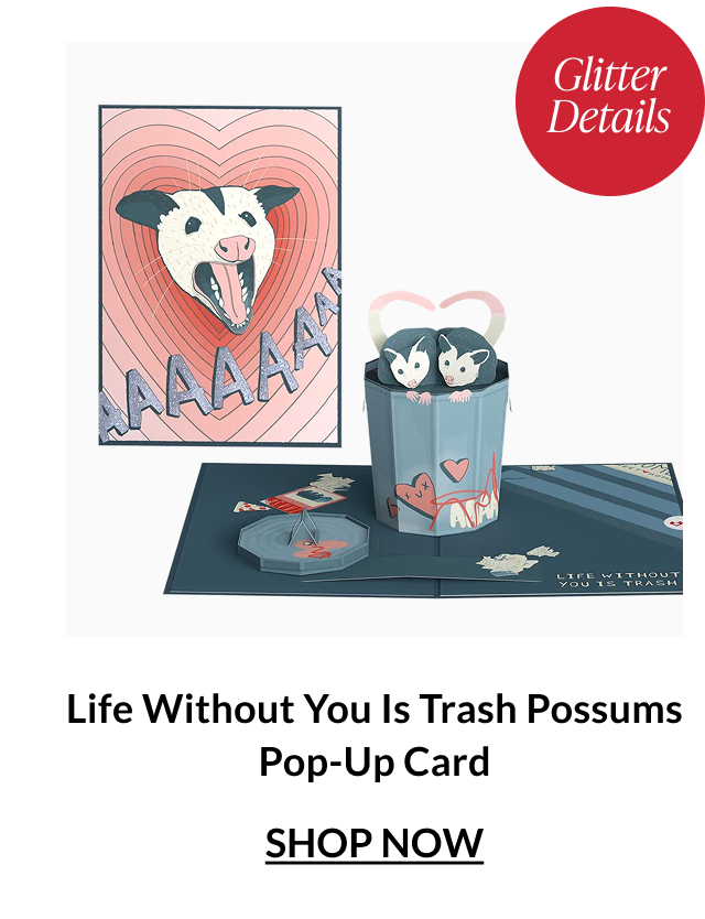 Life Without You Is Trash possums pop-up card with possums emerging from a trash can and glitter accents