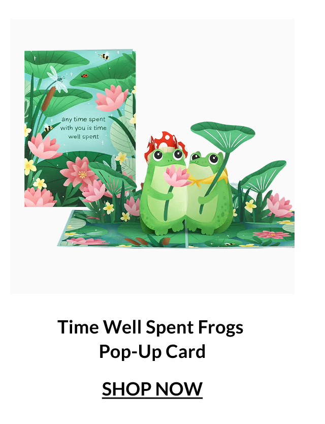 Time Well Spent frogs pop-up card showing two frogs sharing a moment in a lily pond