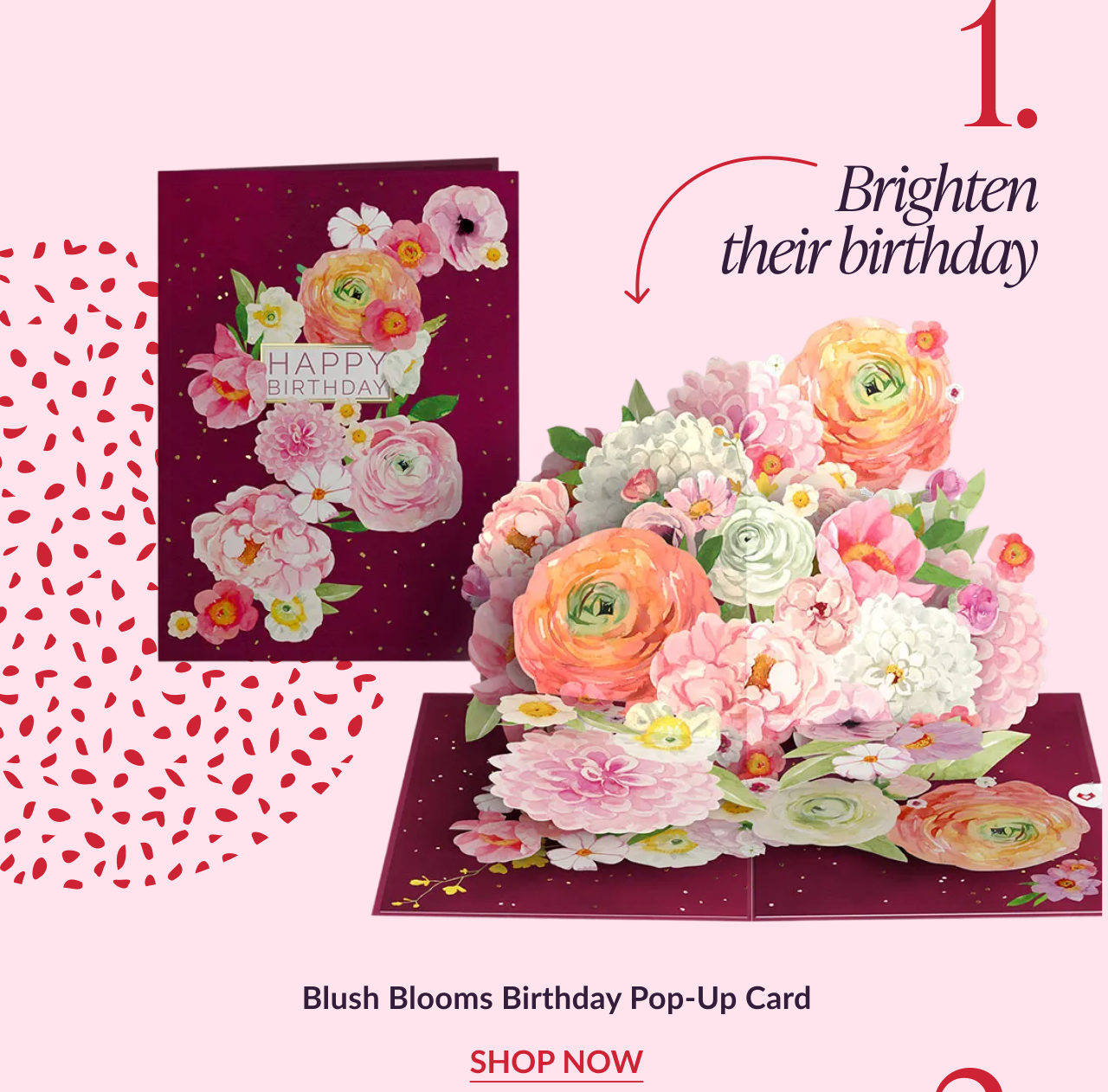 Blush Blooms Birthday pop-up card with layered pastel flowers opening from a deep burgundy card