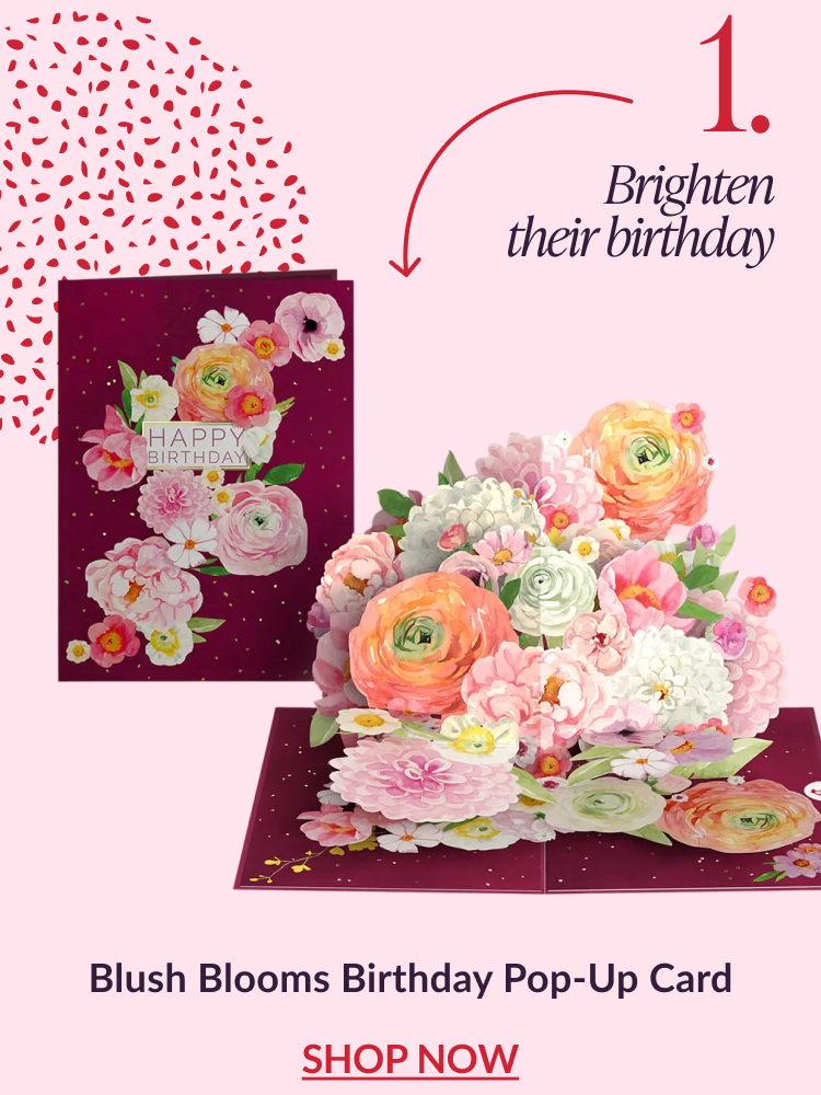 Blush Blooms Birthday pop-up card with layered pastel flowers opening from a deep burgundy card