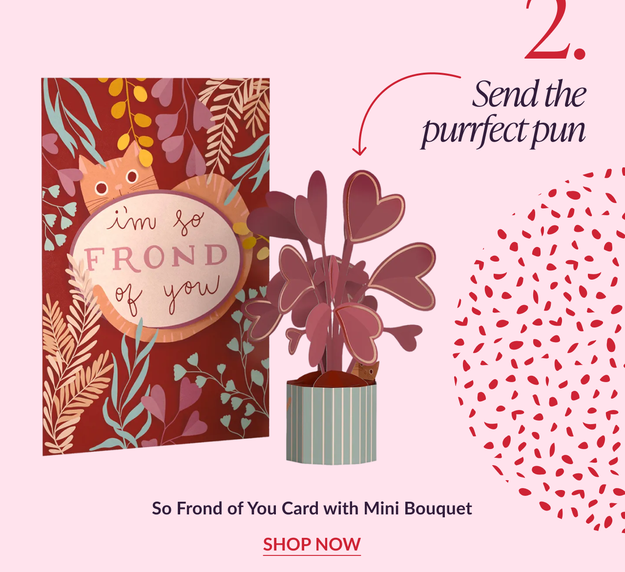 So Frond of You card with mini bouquet featuring heart-shaped leaves and playful cat-themed artwork