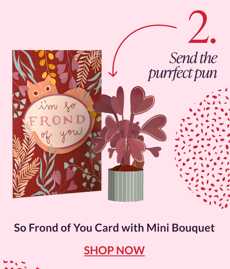 So Frond of You card with mini bouquet featuring heart-shaped leaves and playful cat-themed artwork