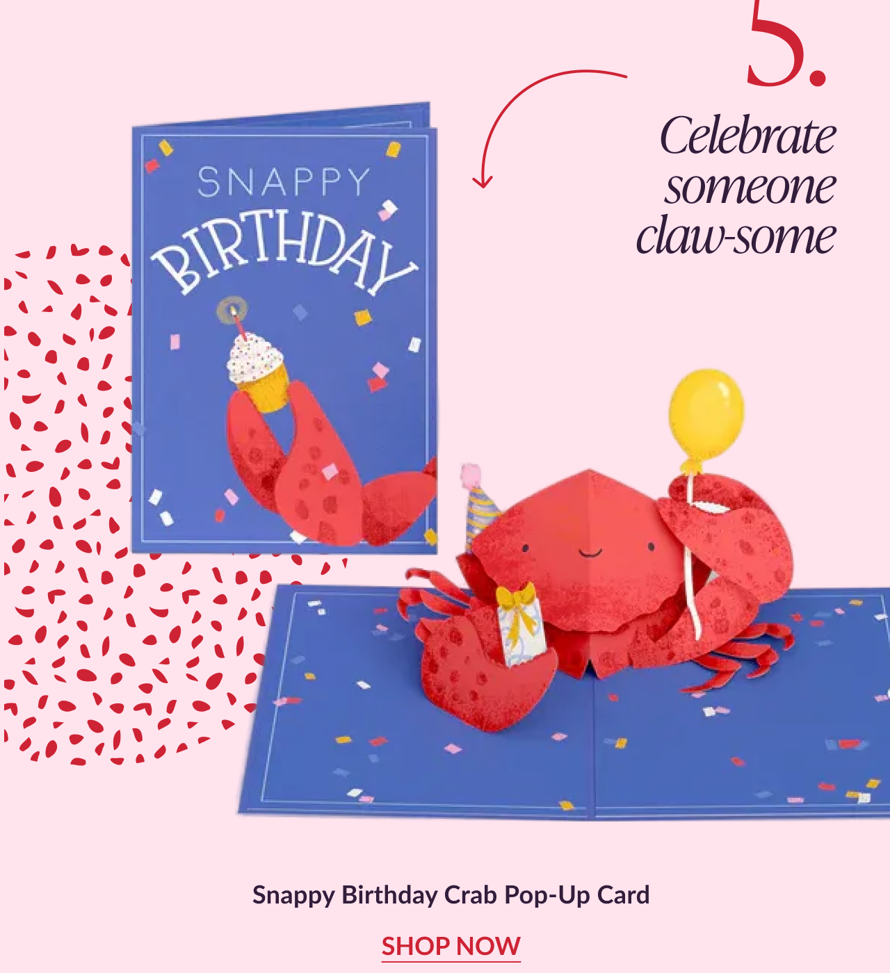 Snappy Birthday Crab pop-up card with a smiling red crab holding a balloon and gift