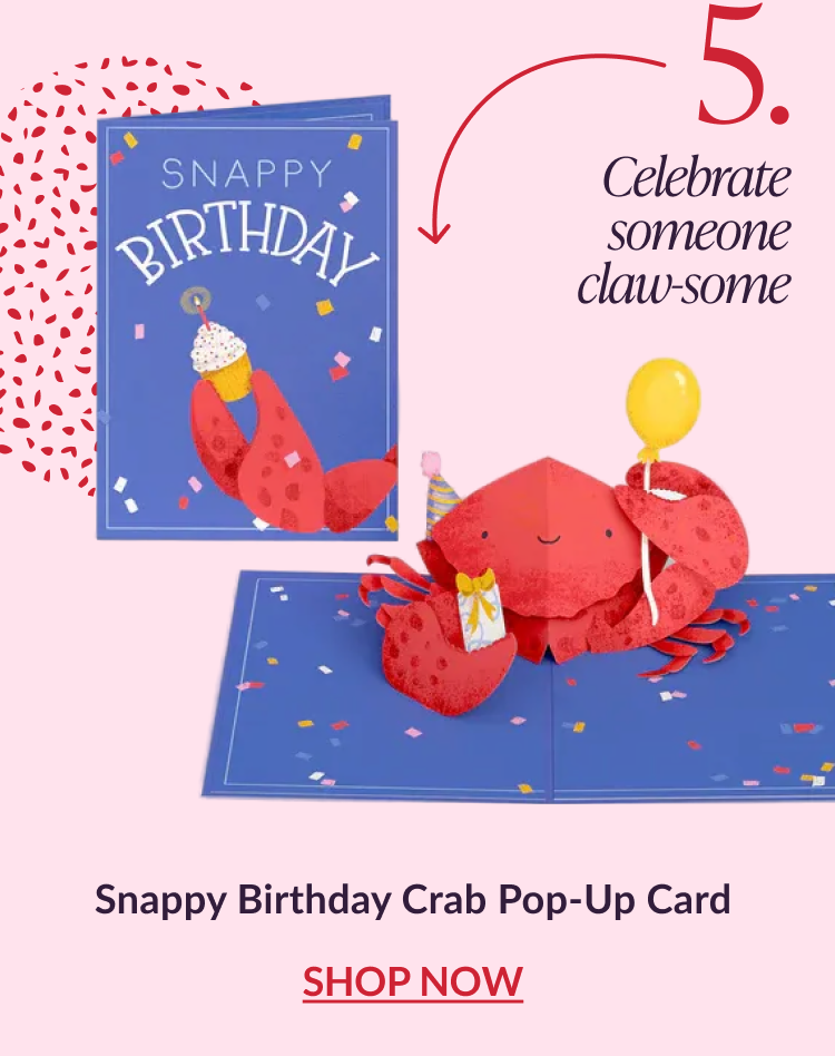 Snappy Birthday Crab pop-up card with a smiling red crab holding a balloon and gift